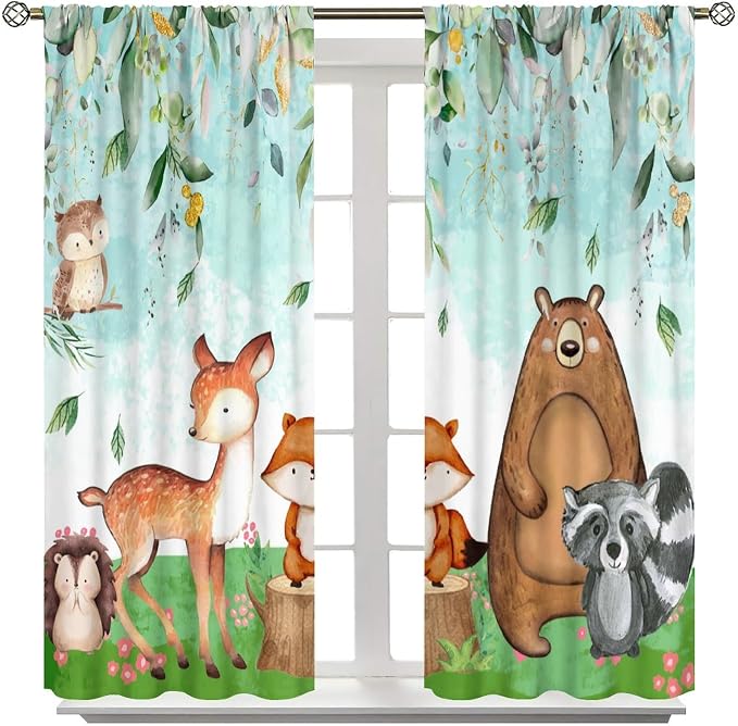 YCness Kid Forest Woodland Animal Fox Elk Bear Watercolor Print Curtains - Nursery Bedroom Living Room, Rustic Safari Wild Animal Blackout Window Drapes 2 Panel Set, 55x63 Inch