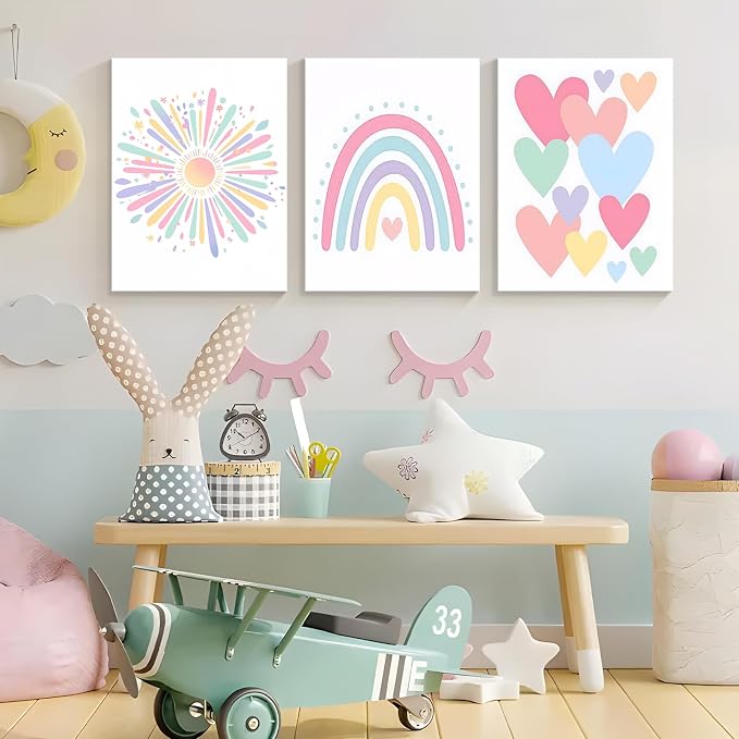 3 Piece Toddler Girl Room Decor Rainbow Decor for Girls Bedroom 12x16 Inch | Colorful Boho Sunshine Paintings for Nursery Decor, Kids Room Wall Decor, Classroom Decoration