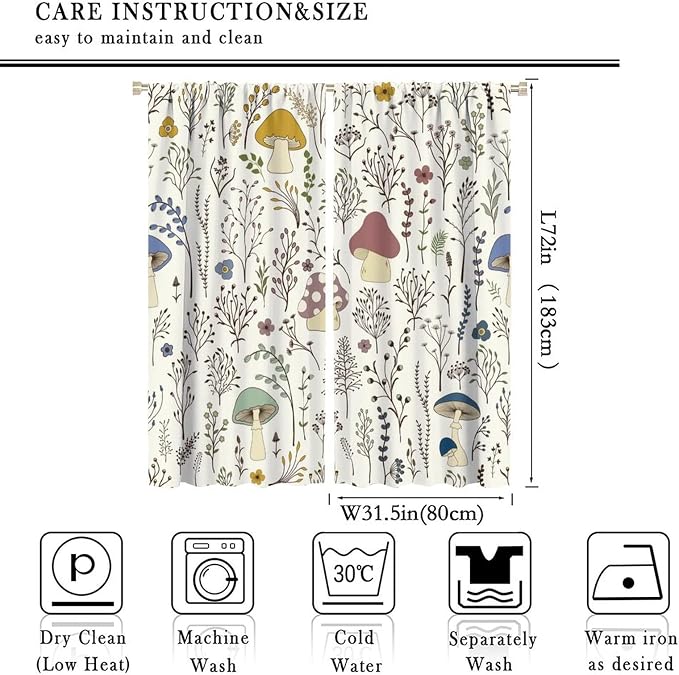 Mushroom Curtains,Colorful Plant Forest Botanical Print Window Treatments for Bedroom Living Room Kitchen Cartoon Herbs Floral Window Drapes 2 Panels Set,Total Size 63 x 72 Inch