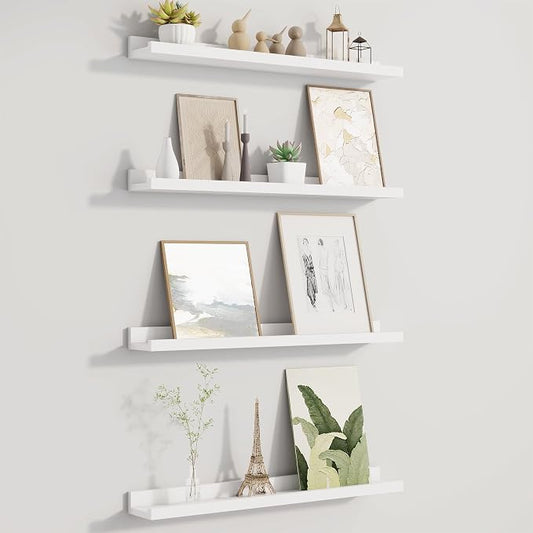 Fun Memories Picture Ledge Shelf for Wall, Floating Shelves Set of 4, 24 Inch Long Nursery Book Shelves for Toys Storage, Kids Bookshelf Wall Mounted for Books Photo Frames, White