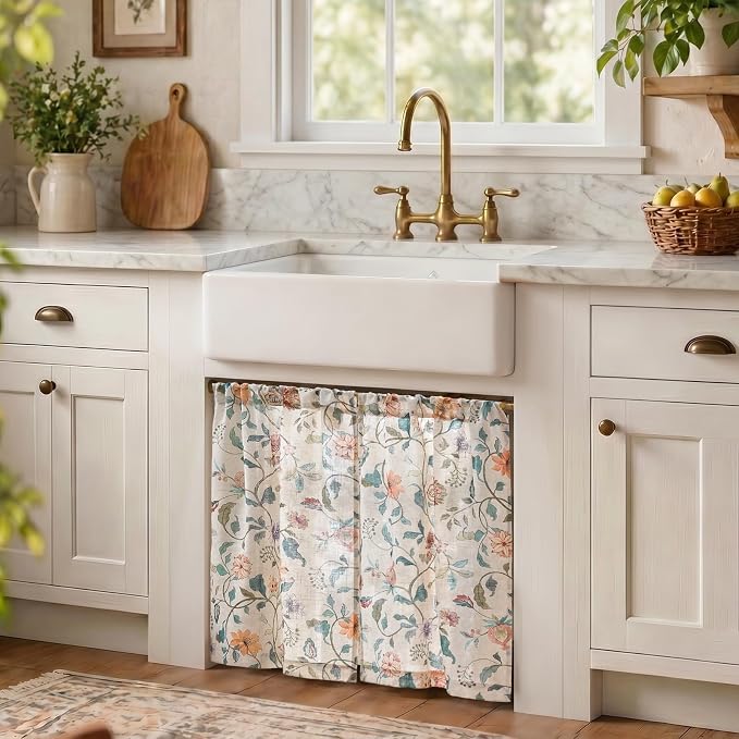 jinchan Hattie Floral Linen Kitchen Curtains 24 Inch Length Vintage Cottage Core Farmhouse Cafe Curtains Light Filtering Small Window Drapes for Living Room Bathroom Rod Pocket 2 Panels Beige