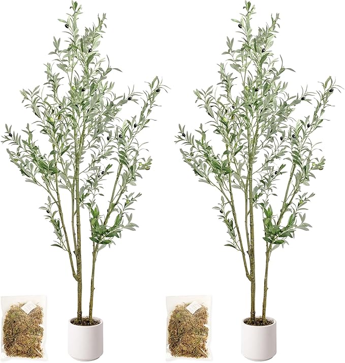 Artificial Fake Olive Tree 6FT Tall 2Pack with White Planter Faux Silk Olive Tree for Home Living Room Office Decor Faux Artificial Plants Indoor with Fruit & Free Moss