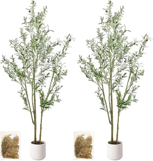 Artificial Fake Olive Tree 6FT Tall 2Pack with White Planter Faux Silk Olive Tree for Home Living Room Office Decor Faux Artificial Plants Indoor with Fruit & Free Moss