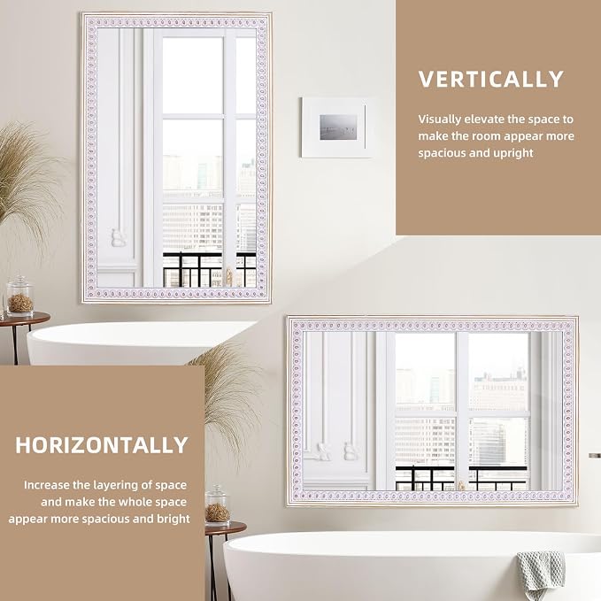 36x24 Inch Rectangle Wall Mirror, Wooden Rectangular Bathroom Mirrors | Mount Vertically or Horizontally to Fit Powder Rooms, Over Sink, Apartments, Entryway, Bedroom, Hallways, or Guest Areas