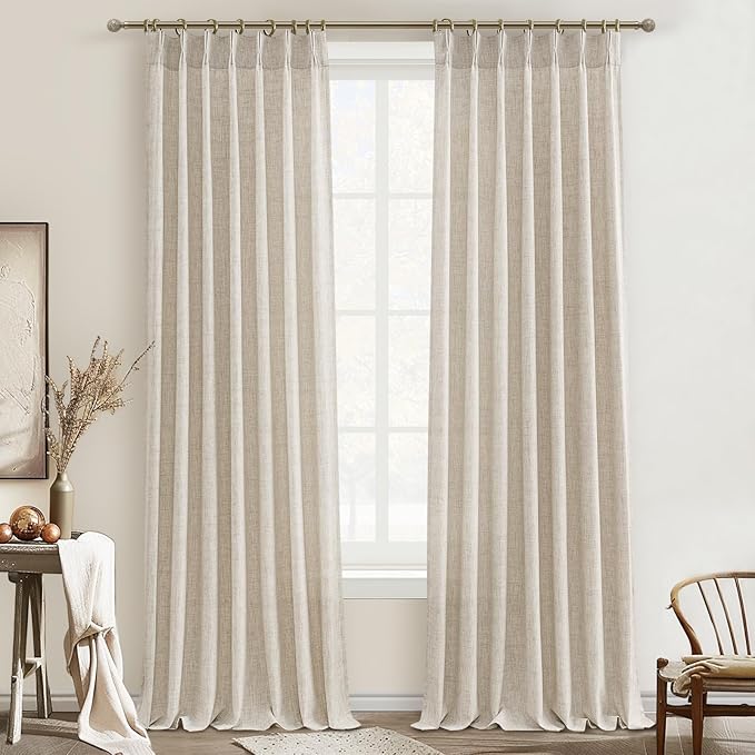 PleatedDrapes Natural Linen Viral 105 Inch Curtains for Dining Room, Textured Boho Beige Semi Sheer Farmhouse Curtain 2 Panels Set with Hooks&Rings for Bedroom 104-106 Inch Window Drapes W40 xL105