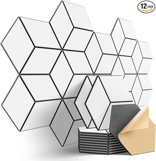 12-Pack Self-Adhesive Acoustic Panels 12" x 10" x 0.4" High-Density, Flame-Resistant Soundproof Foam. Absorbs Noise and Eliminates Echoes, Hexagonal 3D Design (White Face)