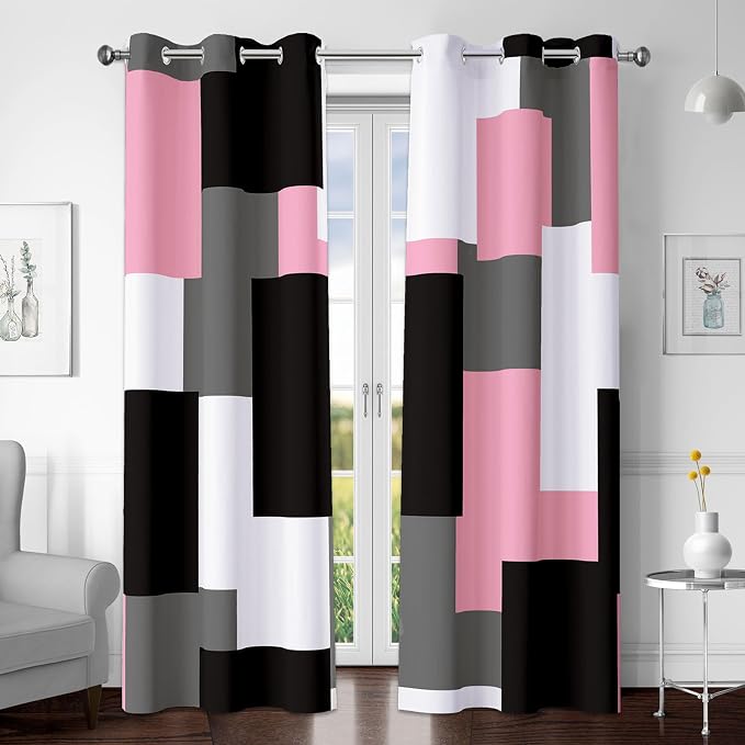 Tyrot Pink 100% Blackout Curtains for Bedroom 63 inch Length 2 Panels Set Grey Modern Abstract Geometric Black Out Curtains Insulated Room Darkening Window Drapes for Girls Living Room, 42Wx63L