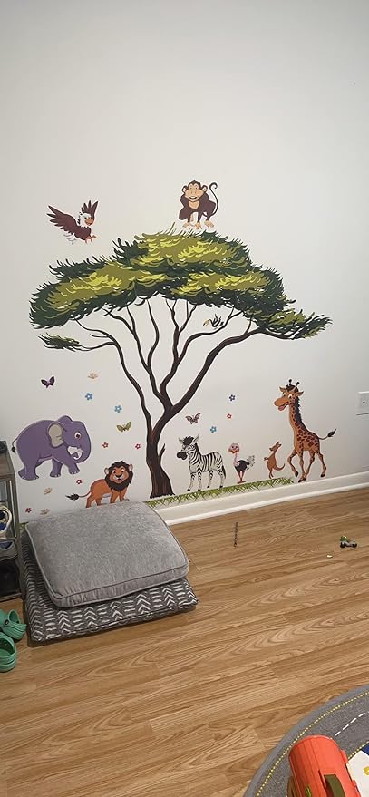 Amaonm Giant Jungle Animal and Tree Wall Decals Removeable DIY Flower Lion Giraffe Monkey Wall Sticker Peel and Stick Wall Decor for Baby Boys Nursery Kids Room Bedroom Living Room Classroom