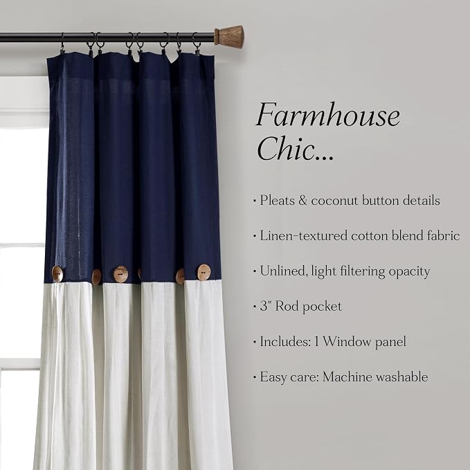Lush Decor Linen Button Window Curtain Panel, Single, 40" W x 63" L, Navy & Off-white - Country Curtains - Rustic Decor - Color Block Modern Farmhouse Curtains For Living Room, Bedroom & Dining Room