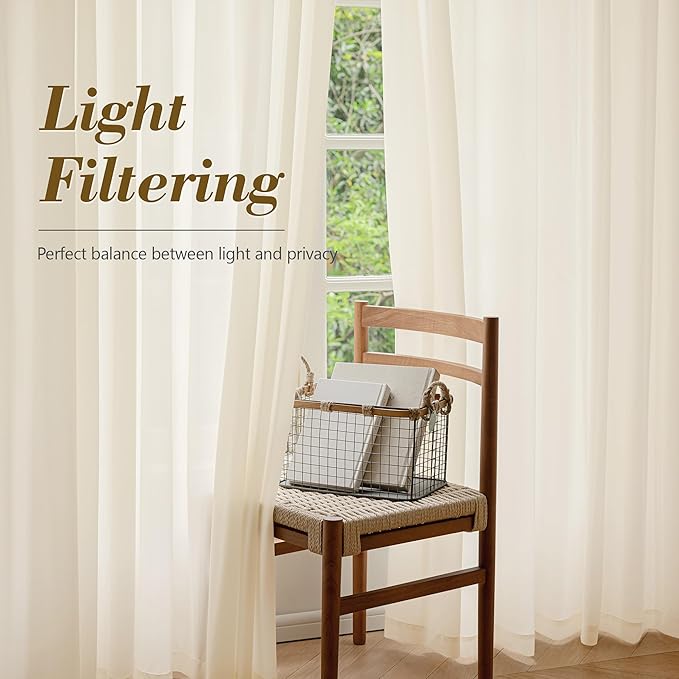 FMFUNCTEX Sheer Non-See-Through Butter Cream Curtains for Bedroom, Faux Silk That Let Light Curtains 45 inches Long Light Filtering Privacy Sheer Window Drapes for Living Room, Rod Pocket 2 Panels Set