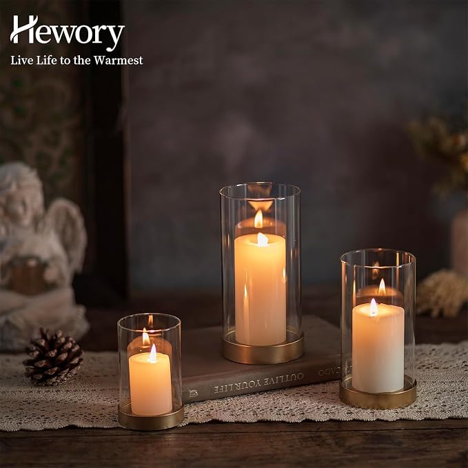 Hewory Hurricane Candle Holder for Pillar Candles: Gold Votive Candle Holders Set of 3, Glass Hurricane with Metal Candle Plate, Pillar Candle Holder for Table Centerpiece Wedding Holiday Home Decor