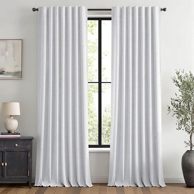 MIULEE 100% Blackout Linen Curtains for Bedroom, Grayish White Solid Luxury Decor Thermal Insulation Room Darkening Drapes for Living Room Back Tab Rod Pocket 42 x 108 Inches, 2 Panels