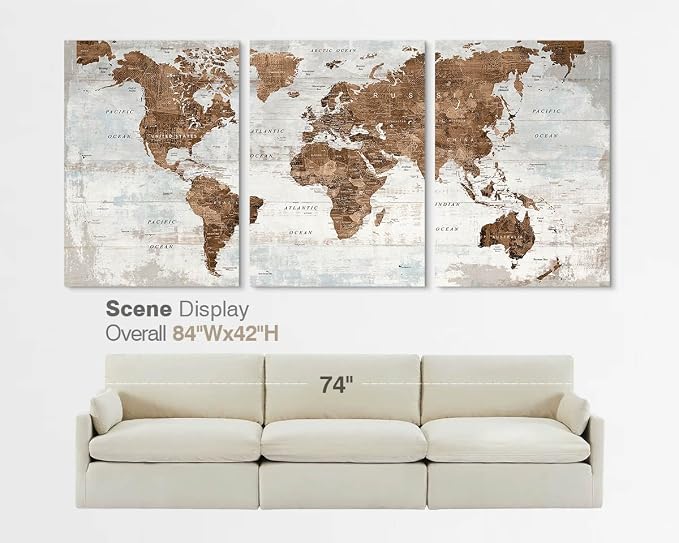 Office Wall Art Canvas World Map Motivational Living Room Pictures | Large Framed Vintage Wall Decor for Men Women Bedroom Home Travel Global Brown Artwork