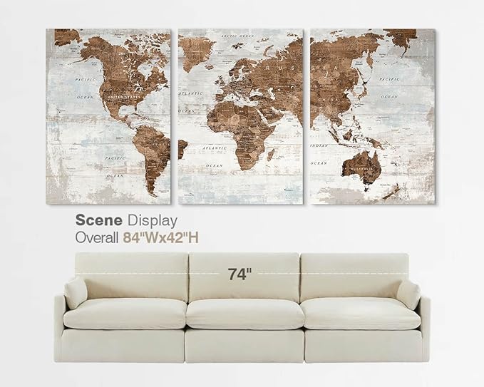 Large World Maps for Wall Framed Mens Office Living Room Wall Decor | Canvas Wall Art for Boys Womens Bedroom Giant Oversized Inspirational Vintage Old Global Map Artwork