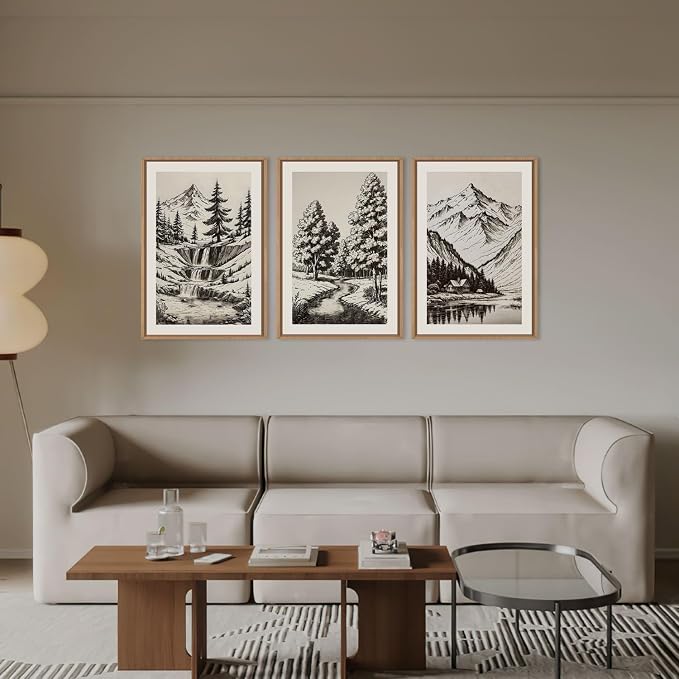 HOURIA Vintage Sketch Pine Tree Mountain Framed Canvas Wall Art Set,Moody Retro Antique Wilderness Botanical Ridge Decor,Modern Natural Black White Artwork for Living Room,Bedroom,Farmhouse- 24"x36"x3
