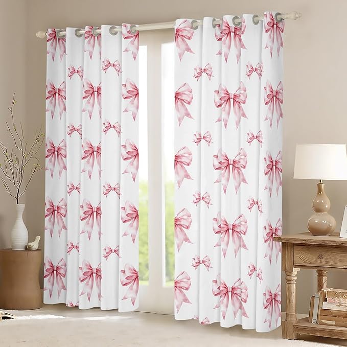 Erosebridal Kids Bow Window Curtain Cute Kawaii Bowknot Curtain Watercolor Bow Tie Princess Window Treatments 38" Wx45 L for Girls Teen Women,Pink White Bow Curtains & Drapes