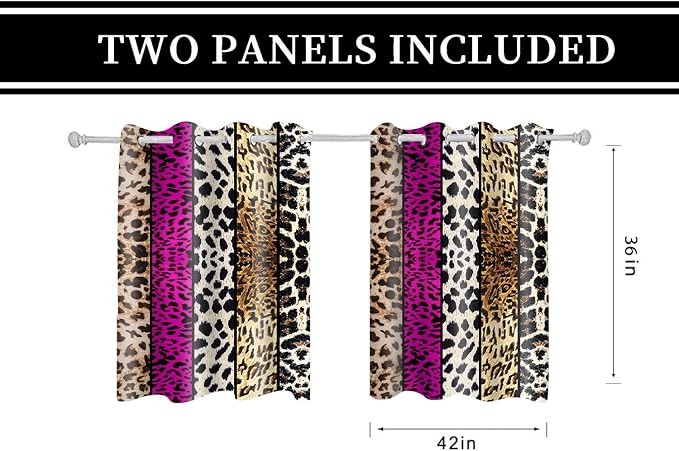 Wild Animal Print Curtain, Room Darkening Thermal Insulated Blackout Leopard Boa Window Drapes with Grommets for Living, Dining, Bedroom, Hot Pink Leopard Print, 42"x 36", 2 Panels