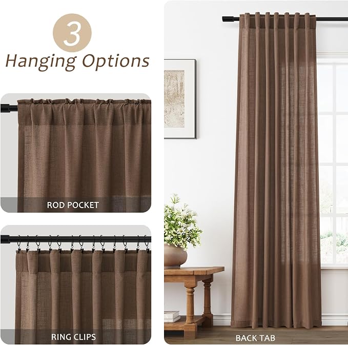 Linen Floor to Ceiling Curtains 120 Inches 2 Panels Set Back Tab Flax Privacy Drapes for Living Room Neutral Farmhouse Light Filtering Semi Sheer for Large Window Treatments 52x120 Caramel Brown