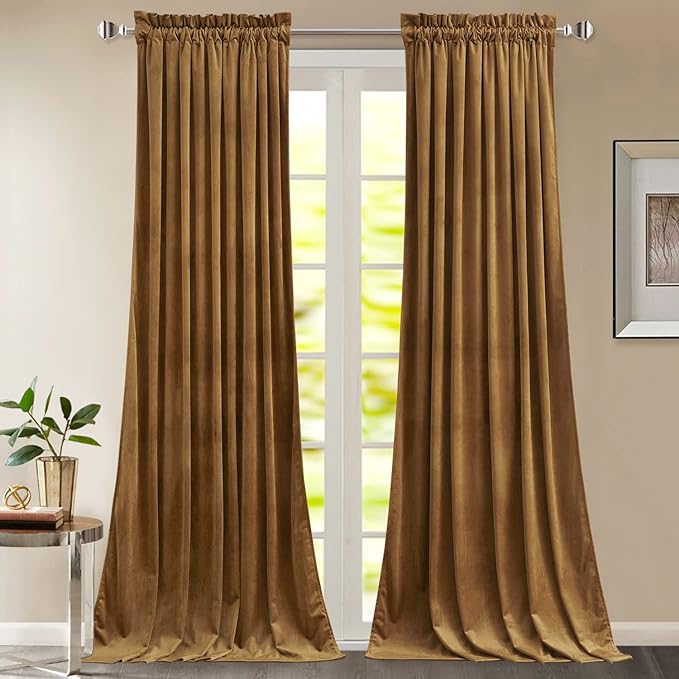 StangH Gold Brown Velvet Curtains for Bedroom, Autumn Curtains Blackout Room Darkening Thermal Insulated Window Drapes for Living Room/Office/Apartment/Bathroom, W52 x L84, 2 Panels