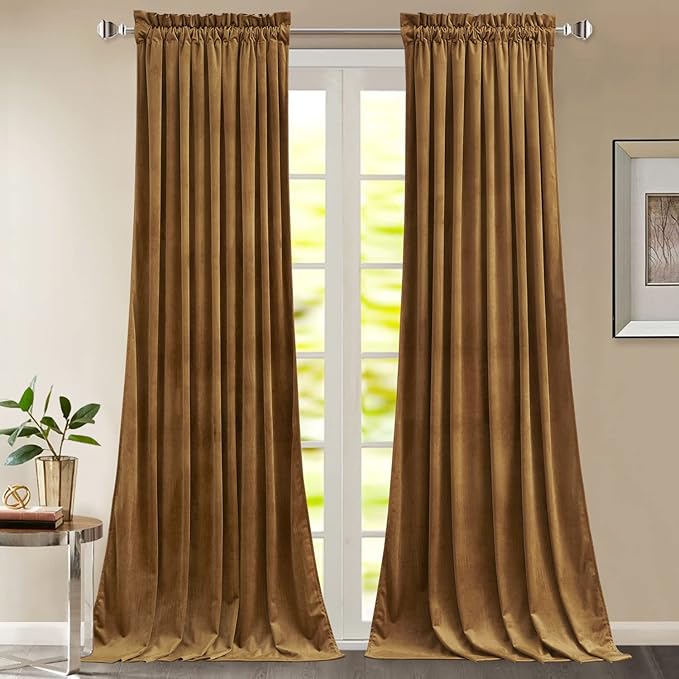 StangH 108 inches Long Gold Brown Velvet Curtains for Bedroom Windows, Thermal Insulated Light Blocking Room Divider Curtains for Sliding Door/Office, W52 x L108, 2 Panels | 300GSM Heavy Soft Velvet, Vintage Luxury Decor, Thermal Insulation & Privacy P...