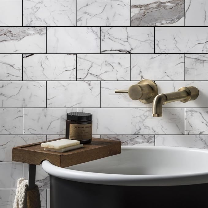 Vamos Tile 4-Piece Peel and Stick Backsplash Seamless Tile,3''x6'' Glossy Statury White with Dark Gray Grout Subway Tile,Stick on Backsplash for Kitchen/Bathroom/Laundry Room