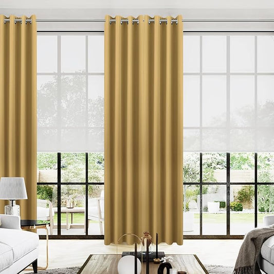 KOUFALL 108 Inch 9FT Room Darkening Curtains, Gold Luxury Grommet Drapes for Living Room Bedroom, 2 Panels Set, 9 FT Length 52'' W x 108'' L Inches, Sun Light Gold