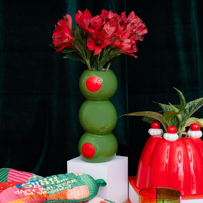 ban.do Novelty Ceramic Vase, Stacked Olives | Unique Decorative Vase, Nostalgic Green Martini Olives Vintage Decor for Home, Kitchen or Bar Cart