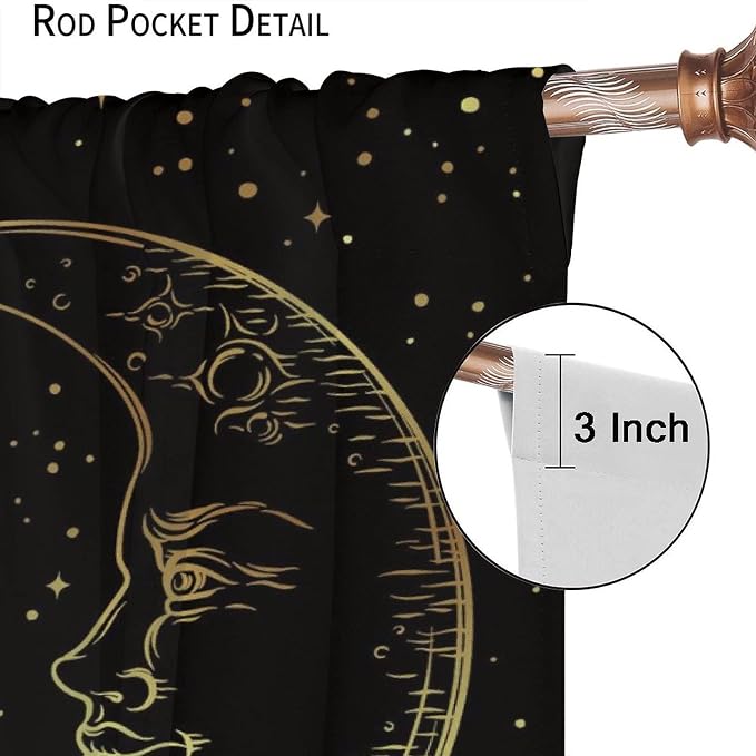 Gold Sun and Moon Blackout Windows Curtains, Fantasy Mandala Bohemian Universe Galaxy Printed Curtains, for Living Room Bedroom 63x63in 2 Panels
