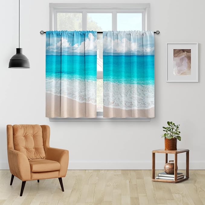 Beach Ocean Kitchen Cafe Curtains - Blue Sea Theme Decor for Living Dining Room Tier Bathroom - Rustic Country Room Darkening Rod Pocket Window Drapes 28x36 Set