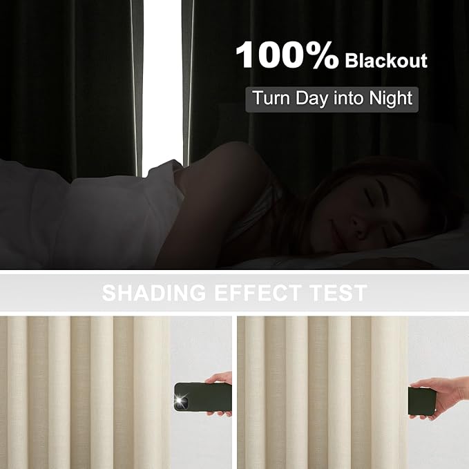 102 Inches Long 100% Blackout Ivory Beige Linen Curtains,Farmhouse Pinch Pleated Noise Cancelling Curtains with Pin Hooks for Traverse Rods, Burlap Viral Drapes 2 Panels for Living Room Master Bedroom