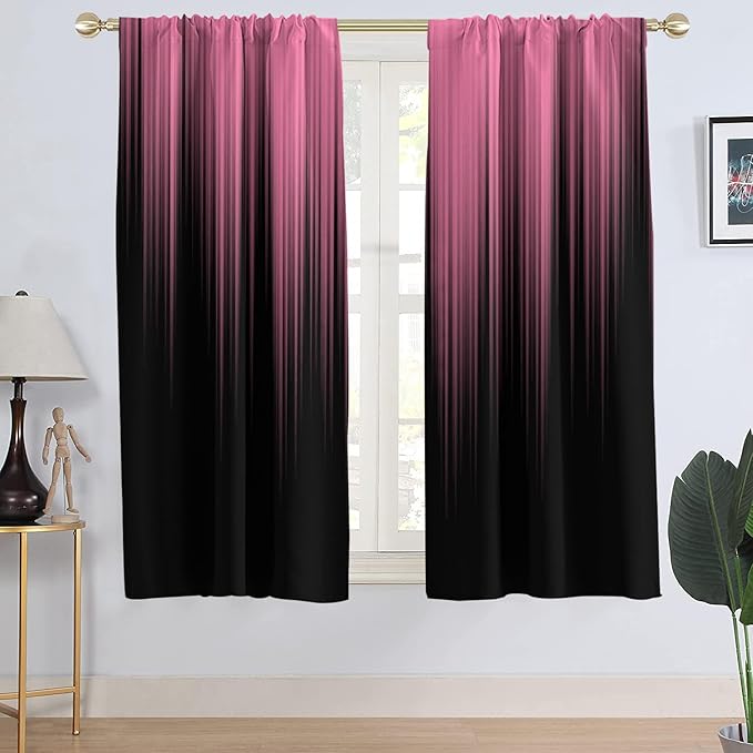 AAtter Pink and Black Window Curtains, Ombre Wide 52" W x 63" L, 2 Panels | Gothic Modern Rod Pocket Drapes, Cute Preppy Girls Style, Abstract Striped Design, Dark Living Dining Room Decor for Women