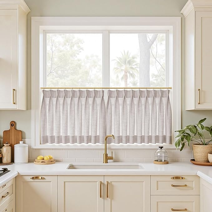 TWOPAGES 34" W x 24" L Linen Blend Cafe Curtains for Kitchen Window, Light Filtering Pinch Pleated Tier Curtains, Modern Farmhouse Half Window Curtains for Bathroom, Parchment, 2 Panels