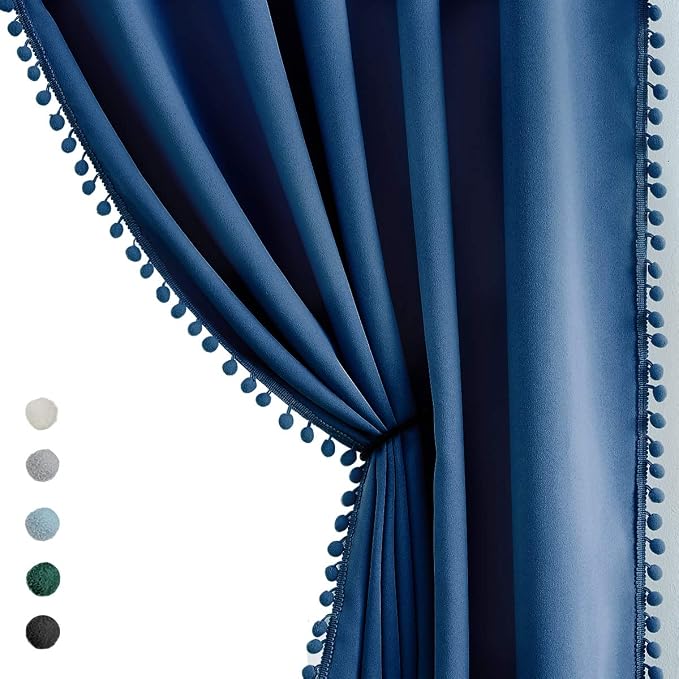 Treatmentex 100% Blackout Patio Door Curtains 100x84 Navy Blue Pom Pom Curtain Panels for Sliding Glass Door, Energy Efficient Thermal Insulated Blackout Curtains for Living Room Bedroom Grommet Top