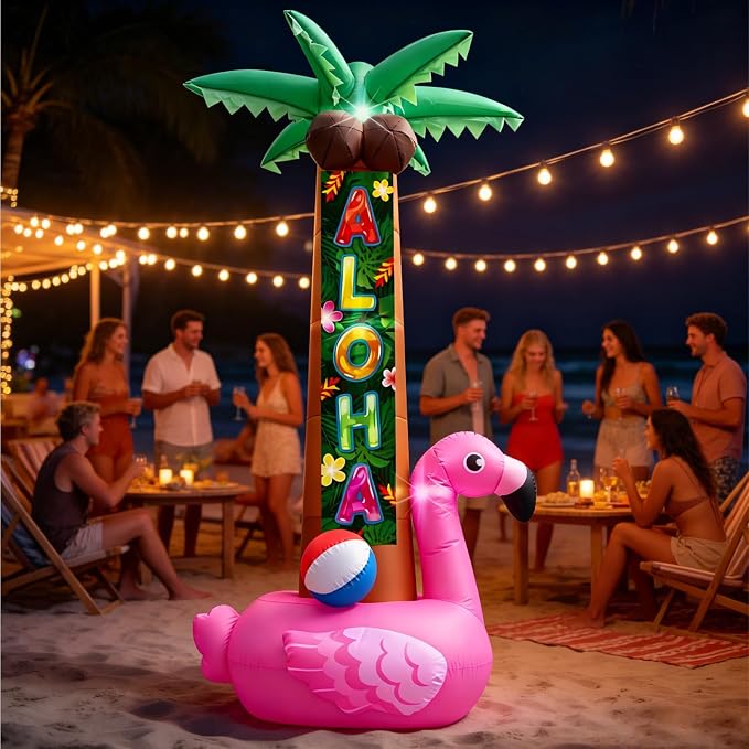 7FT Inflatable Pink Flamingo Palm Trees, Christmas in July Luau Beach Party Hawaiian Tropical Decors with Aloha Streamer, Pool Outdoor Decoration with Built-in LEDs for Summer Lawn Yard Beach