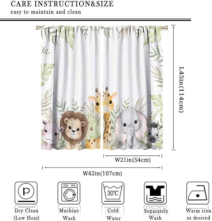 Nursery Curtains Jungle Safari Theme with Giraffe Print, Kids Room Classroom Decor, 42x45 Inches, 75% Blackout Fabric for Baby Nursery, Animal Cub Design, Easy Install & Machine Washable
