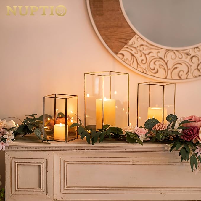 Nuptio Glass Hurricane Candle Holder Set of 3 Gold Pillar Candle Holders Large Rectangular Candleholder Table Centerpieces Decoration for Wedding Christmas Holiday Home Ornaments 9.5 & 8.1 & 6.5 inch | Large Rectangular Candleholder Table Centerpieces ...