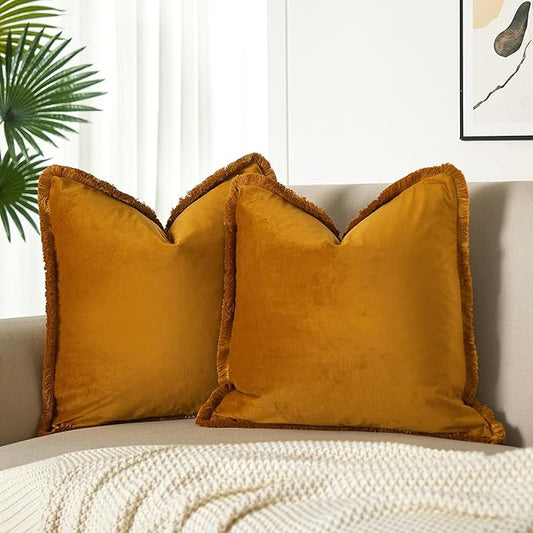 JUSPURBET Mustard Yellow Velvet Throw Pillow Covers 26x26 Inch Set of 2 with Soft Tassel Fringe Luxury Boho Pillowcase for Sofa Couch Bed Home Decor Machine Washable