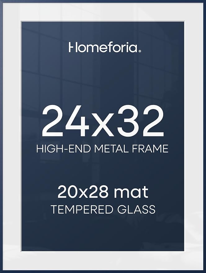 Homeforia 24x32 Navy Blue Picture Frame, High End Metal 24x32 Poster Frames with Mat 20x28 inch Photo, 24 x 32 Thin Frame Matted to 20 x 28 Print, 32x24 Large Frame, Tempered Glass, Wall Kit, Set of 2