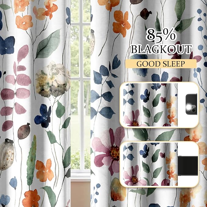 Boho Vintage Floral Blackout Curtains, Retro Watercolour Colorful Plant Leaf Flower Design Window Drapes, Living Room Bedroom Decor 2 Panels 52x84 Inch