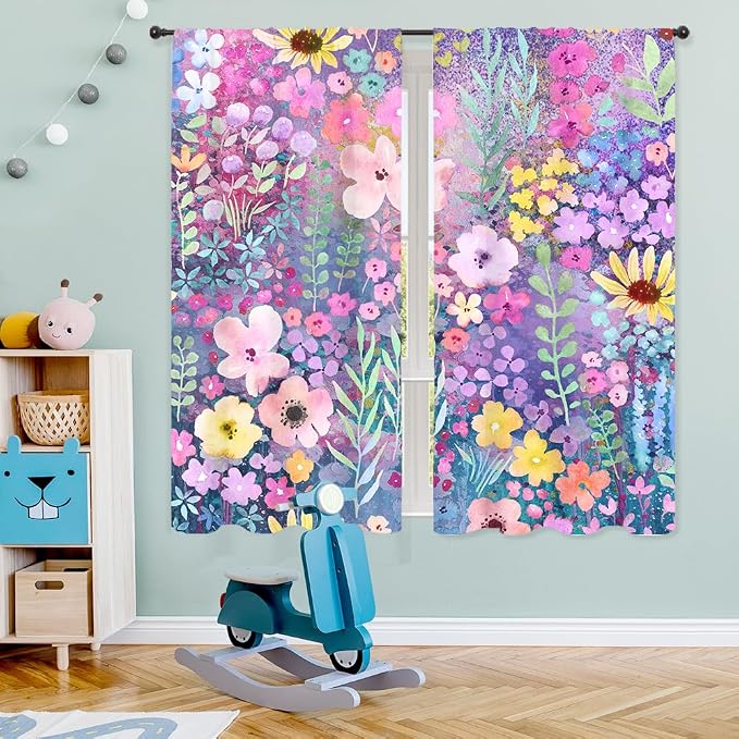 Riyidecor Purple Floral Curtains Rustic Boho Cute Wildflower Watercolor Plant Leaves Botanical Flower Spring Nature Rod Pocket Modern Bedroom Living Room Treatment Fabric 2 Panels 42Wx63H Inch
