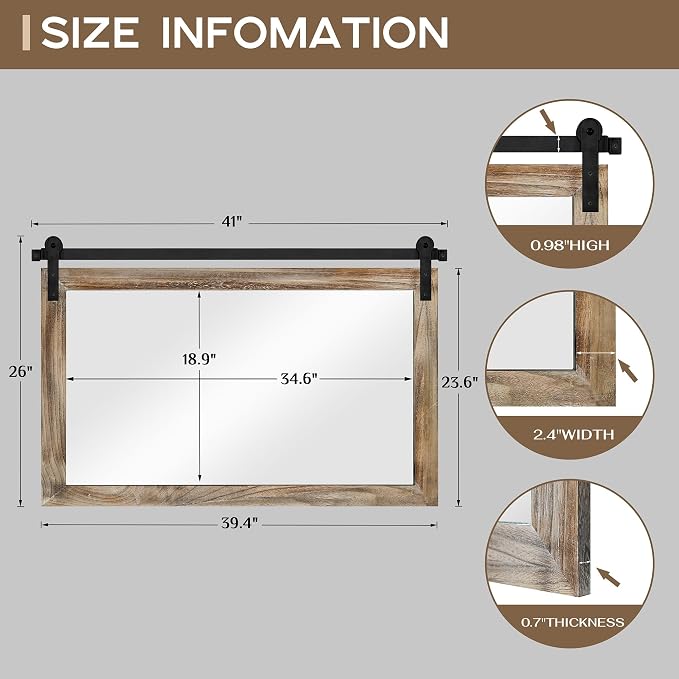 COGOOD Farmhouse Barn Door Mirror - 41" x 26" Rustic Wood Framed Wall Mirror for Bathroom, Living Room, Entryway Wall Decor (Striped Brown)