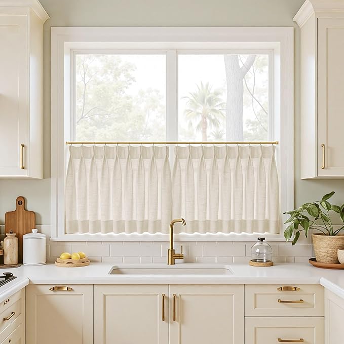 TWOPAGES 26" W x 45" L Linen Blend Cafe Curtains for Kitchen Window, Light Filtering Pinch Pleated Tier Curtains, Modern Farmhouse Half Window Curtains for Small Window, Sand Beige, 2 Panels