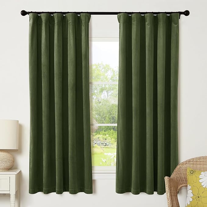 RYB HOME Olive Green Velvet Curtains for Bedroom Living Room, Thermal Insulated Privacy UV Heat Blocking Luxurious Drapes for Nursery Dining Room, 52"W x 80"L, 2 Panels, Rod Pocket/Back Tab/Hook Belt