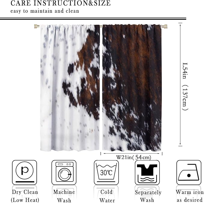 Cow Print Blackout Curtain,Retro Farm Style Animals Brown Cowhide Cow Fur Print Window Treatments Rod Pocket Curtain for Bedroom Living Room Kitchen Decor Drapes 42x54in