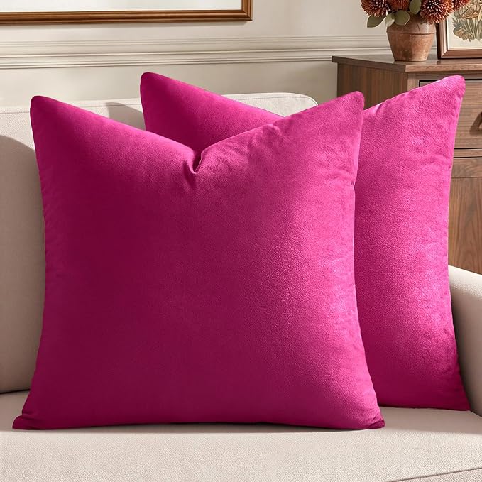 MIULEE Velvet Throw Pillow Covers 18x18 Inch, Pack of 2 - Hot Pink, Soft Solid Decorative Pillow Covers Cushion Cases Modern Luxury Home Decor for Couch Sofa Bedroom Livingroom