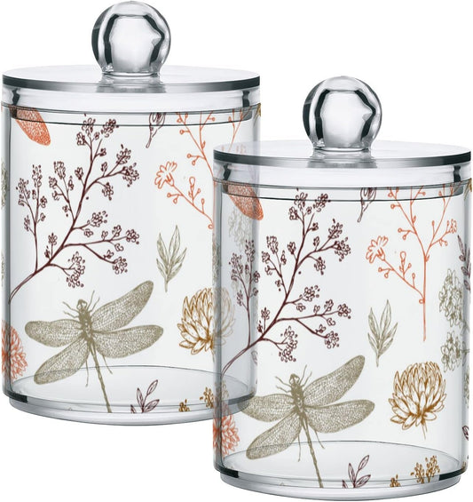 2 Pack Qtip Holder Organizer Dispenser Dragonfly Pattern Bathroom Storage Canister Cotton Ball Holder Container for Cotton Swabs/Pads/Floss