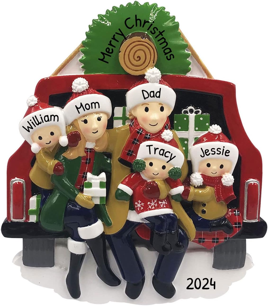 3D Red Truck Family of 5 Christmas Ornament 2025 Personalized Family Christmas Ornaments 2025 | Vintage Car Road Trip Presents Personalized Tree Ornaments Customizable Gifts in Pickup of Five Ornament
