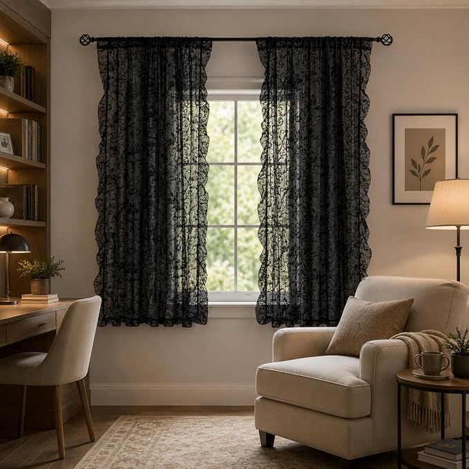 TUDECO Black Lace Curtains 63 Inch Length 2 Panels - Victorian Sheer Floral Gothic Curtains for Bedroom Whimsy Dark Academia Curtains Rod Pocket Privacy Window Treatments, 59 x 63 Inch, Black