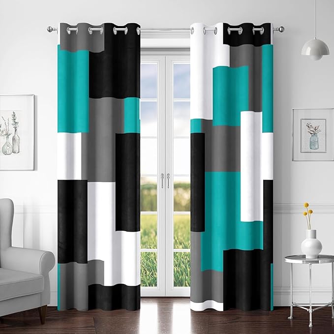 Tyrot Teal/Turquoise 100% Blackout Curtains for Bedroom 63 inch Length 2 Panels Set Black White Grey Modern Abstract Geometric Black Out Curtains Room Darkening Window Drapes for Living Room, 52Wx63L