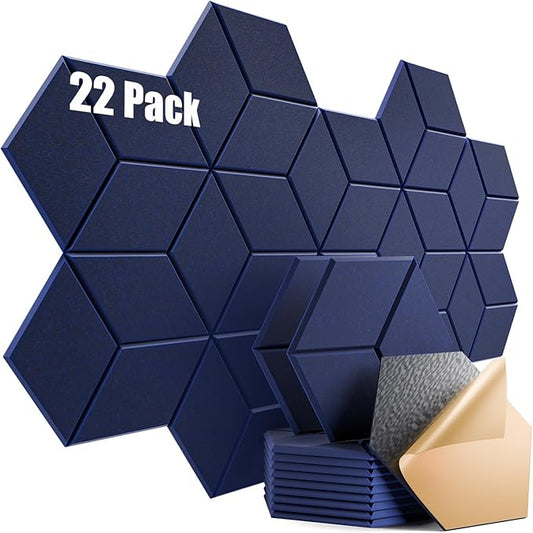 22 Pack Self-Adhesive Acoustic Panels 12" X 10" X 0.4" - Sound Proof Foam Panels with High Density, Y-Lined Design, Flame Resistant, Absorb Noise and Eliminate Echoes(Dark Blue)